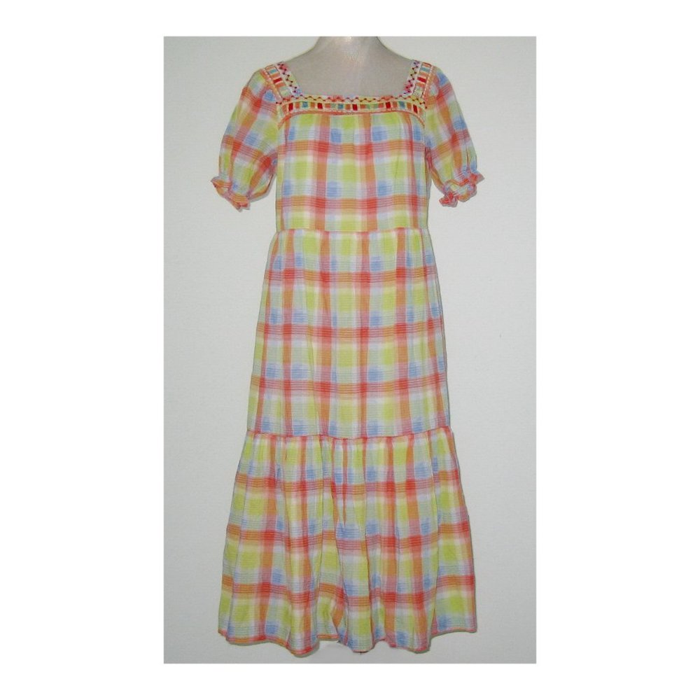 NWT Johnny Was 100% Cotton DELACEY Plaid Square Neck MIDI Dress Women L MSP $285